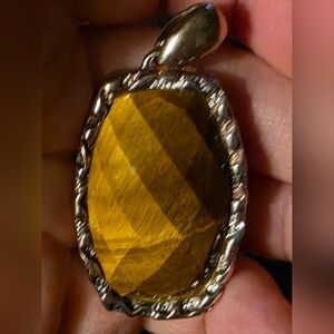 Large Tiger Eye Pendant - Faceted Stone - 925 Sterling Silver Stamped
